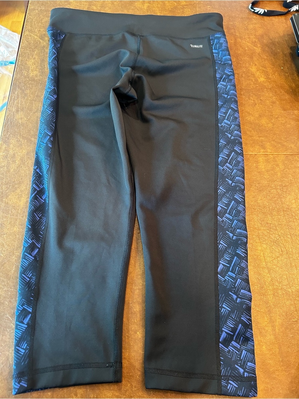 adidas Black Capri Leggings with Blue Patterned Side Panels